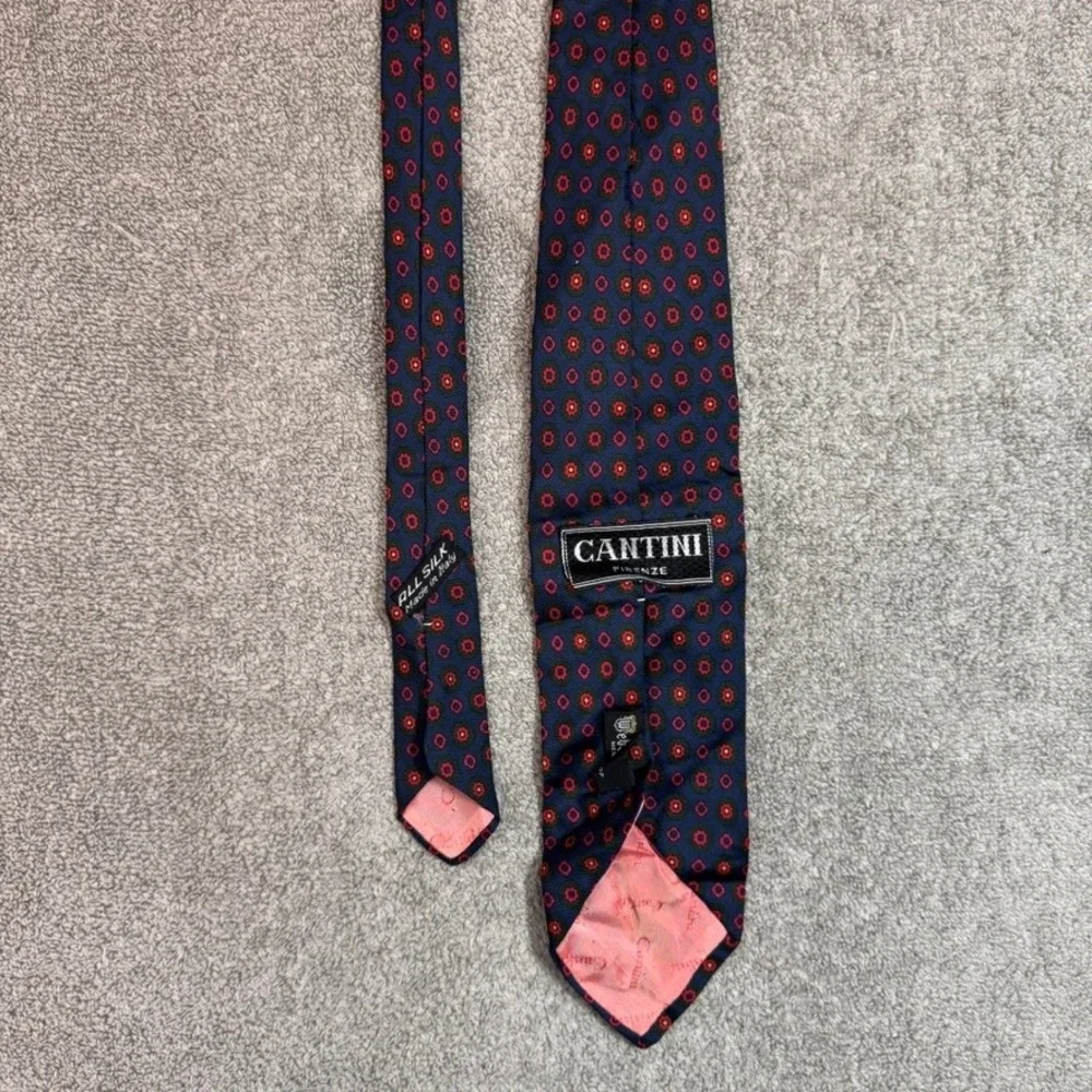 Cantini Firenze Mens Silk Tie Italy Navy Blue Red Green Medallion Geometric 57in